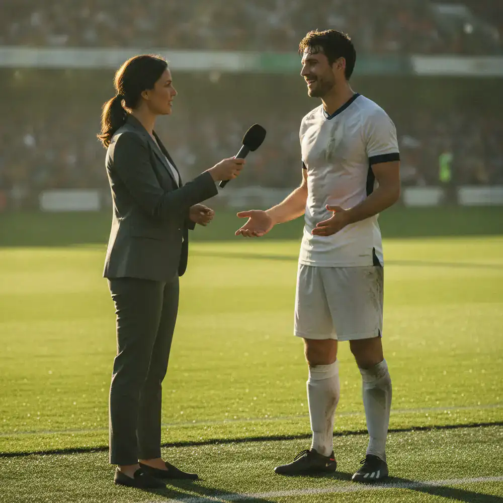 Sports reporter conducting a pitch-side interview